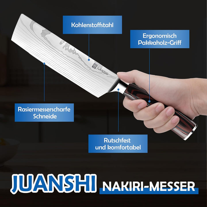 JUANSHI® Profi Nakiri Messer 18 cm klinge- Asiatisches Messer Hochwertiges Edelstahl-Küchenmesser mi
