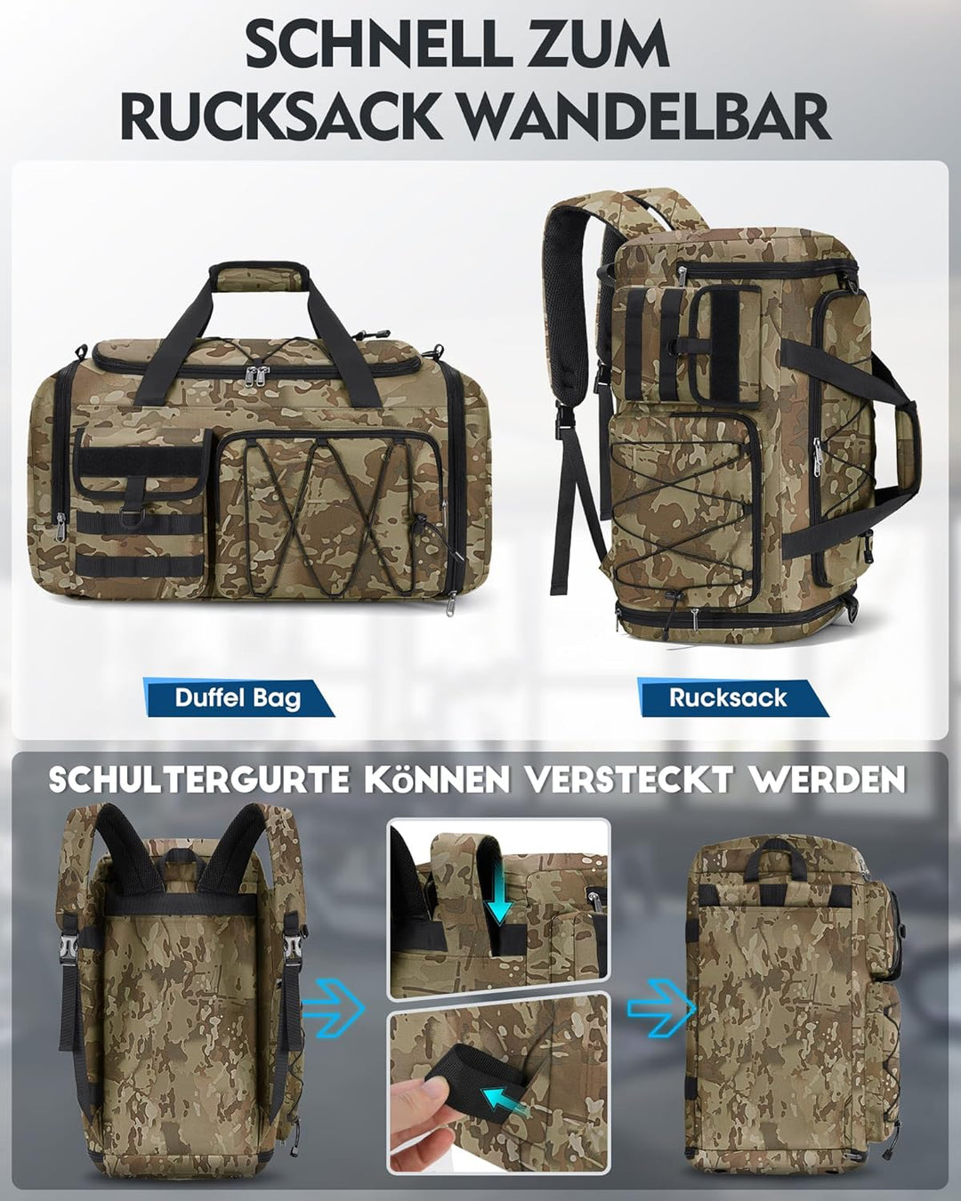 RAINSMORE 45L Sporttasche Herren Damen, 3-IN-1 Reisetasche mit Schuhfach Nassfach, Wasserdicht Gym D