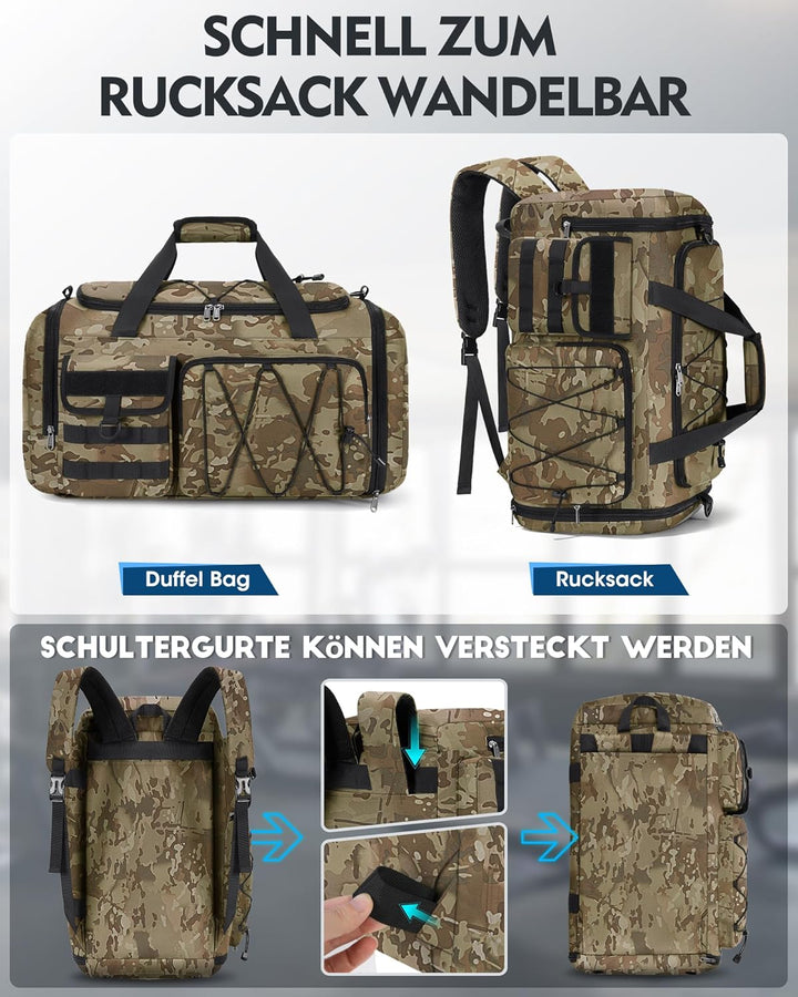 RAINSMORE 45L Sporttasche Herren Damen, 3-IN-1 Reisetasche mit Schuhfach Nassfach, Wasserdicht Gym D