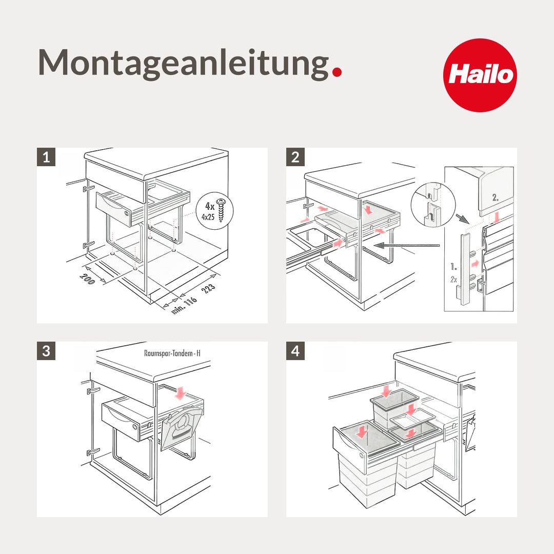 Hailo Abfallsammler 3642931 | Raumspar-Tandem 18 + 2x 8.5 L | ab 40cm Schrank mit Drehtür | 346 x 47