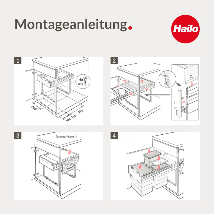 Hailo Abfallsammler 3642931 | Raumspar-Tandem 18 + 2x 8.5 L | ab 40cm Schrank mit Drehtür | 346 x 47