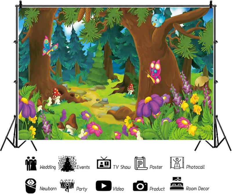 Renaiss 1.8x1.2m Cartoon Wald Hintergrund Märchen Wald Blumen Pilz Schmetterling Fotografie Hintergr