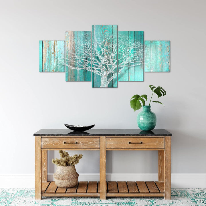 Runa Art Wandbilder Baum Abstrakt 5 Teilig Bild auf Vlies Leinwand Deko Wohnzimmer Holzmotiv Türkis