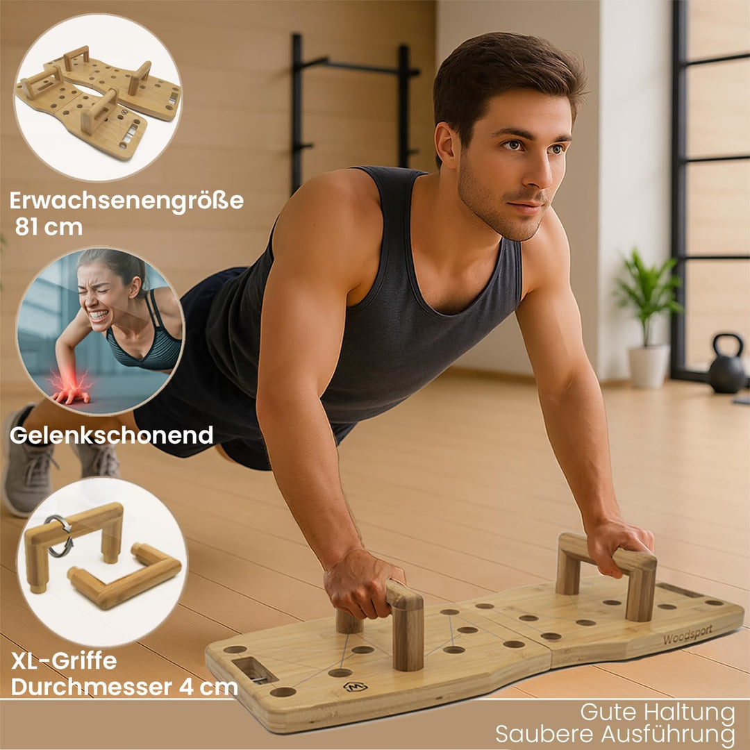 Amplitude Pro – Premium Liegestützbrett (push up board) aus Bambus – 81 cm Erwachsenengrösse – klapp
