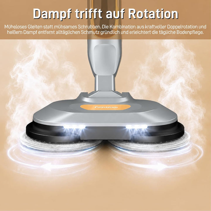 Dampfreiniger Steam Mop mit Doppelrotation und Eigenantrieb | 6 waschbare Mikrofaser-Pads, 4 Reinigu