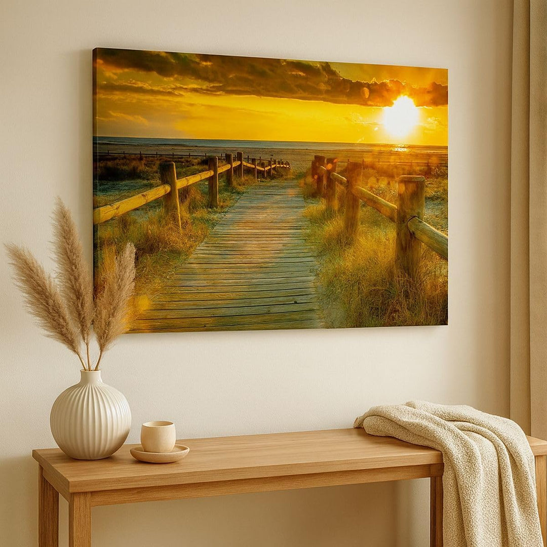 Bilder auf Leinwand Fussgängerbrücke Strand Urlaub Sonne Leinwandbild 70x50cm Wandbilder Dekoration