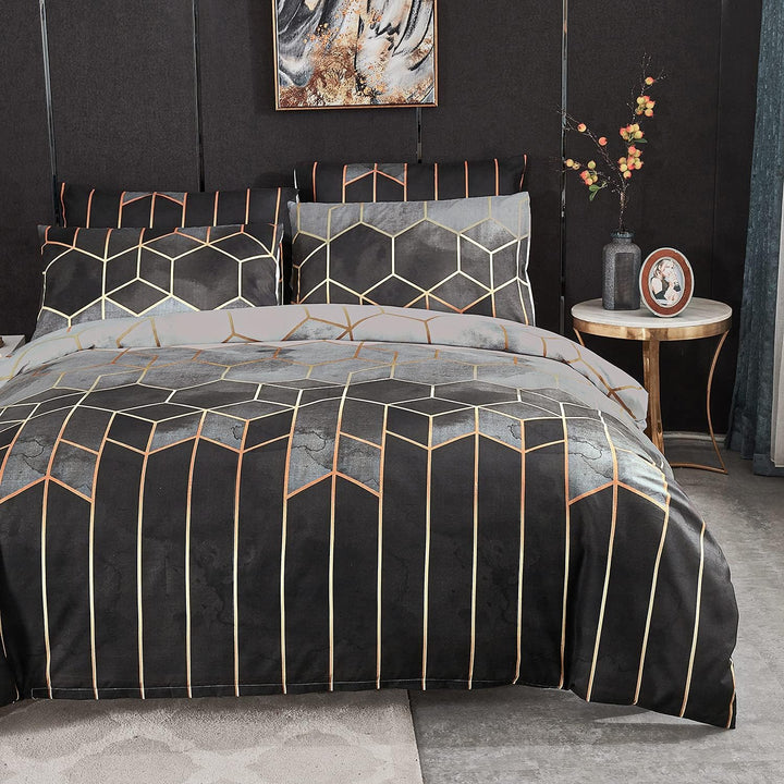 Freyamy Marmor Bettwäsche 200x200cm Grau Geometrisch Wendebettwäsche Vintage Kariert Microfaser Dopp