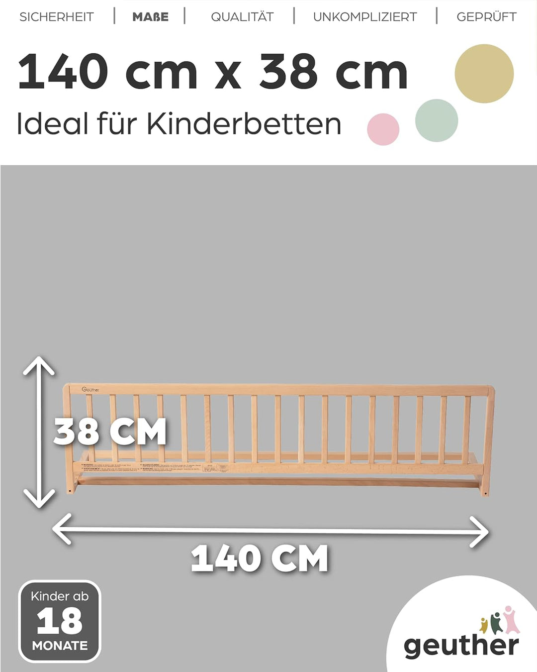 Geuther 2112 Bettschutzgitter in 140 cm Höhe: 38 cm Absturzsicherung Mit stabilen Stäben Schützt vor