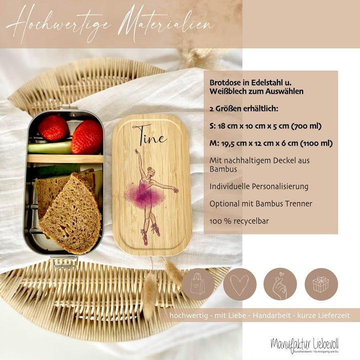 Manufaktur Liebevoll - Personalisierte Brotdose mit Fächern, Edelstahl Lunchbox mit Bambus Deckel u.