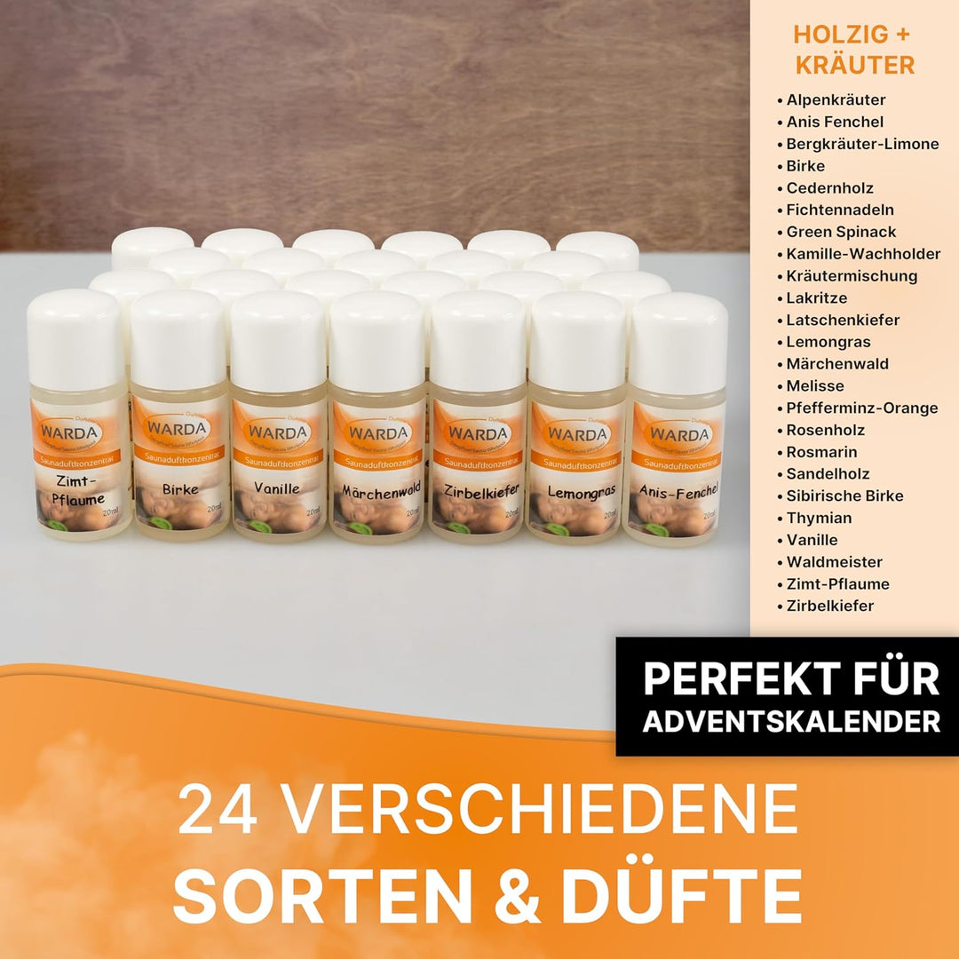Miniatur-Set mit 24x 20 ml Flaschen von Warda Saunaduftkonzentrat Adventskalenderfüllung (24, HOLZIG