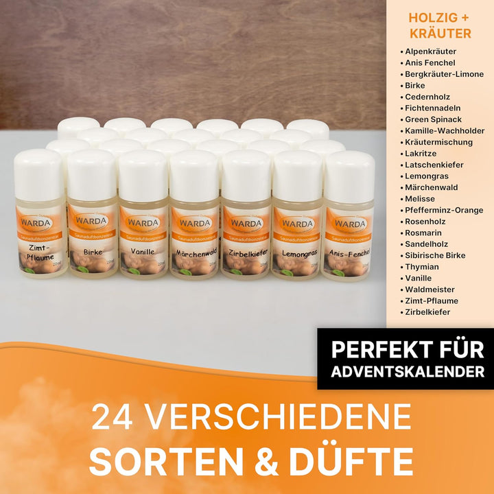 Miniatur-Set mit 24x 20 ml Flaschen von Warda Saunaduftkonzentrat Adventskalenderfüllung (24, HOLZIG
