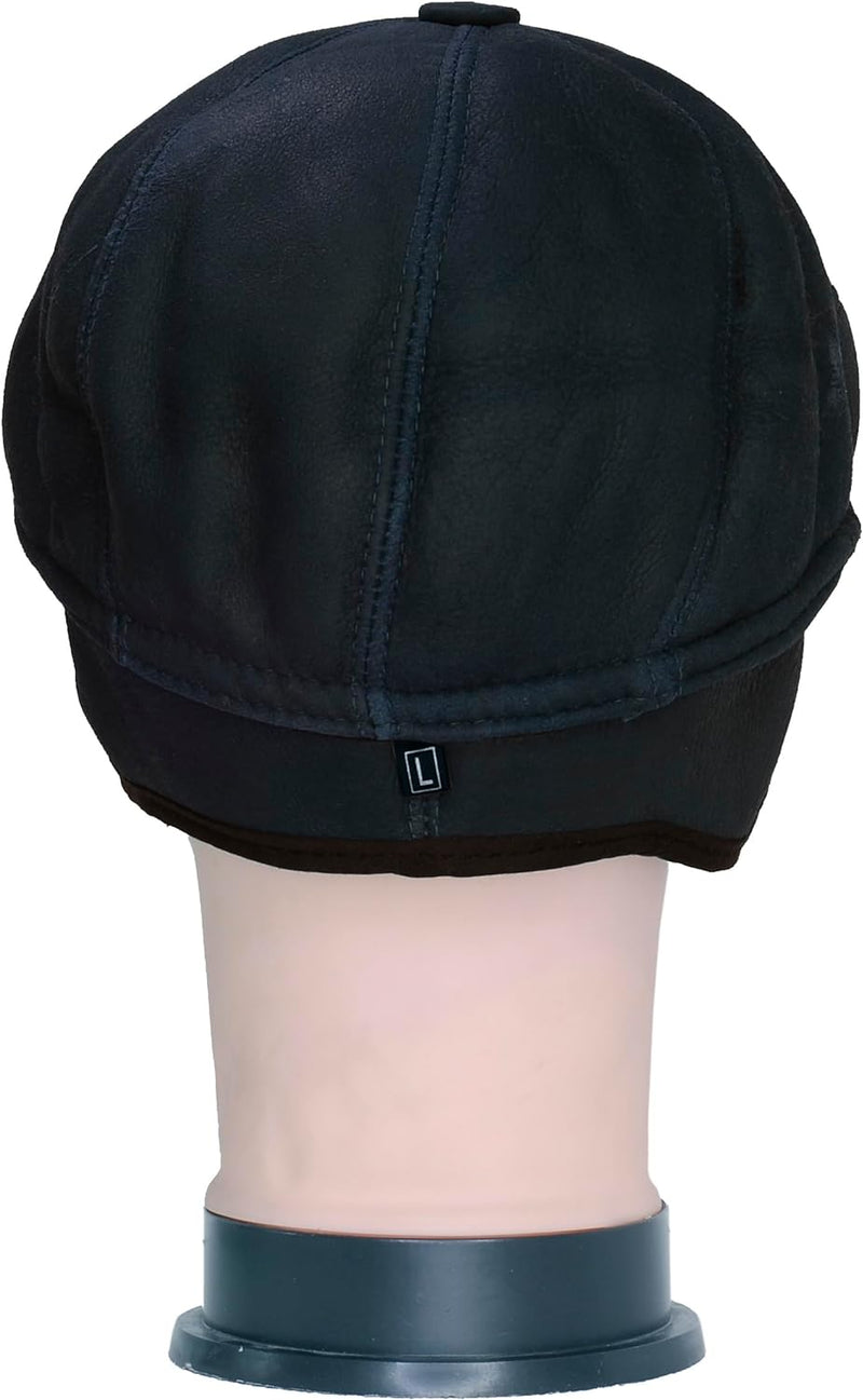 CUCUBA Shearling Herren-Mütze aus Schaffell - Mütze mit Visier und Ohrenklappen - Dunkelblau (L) 58,