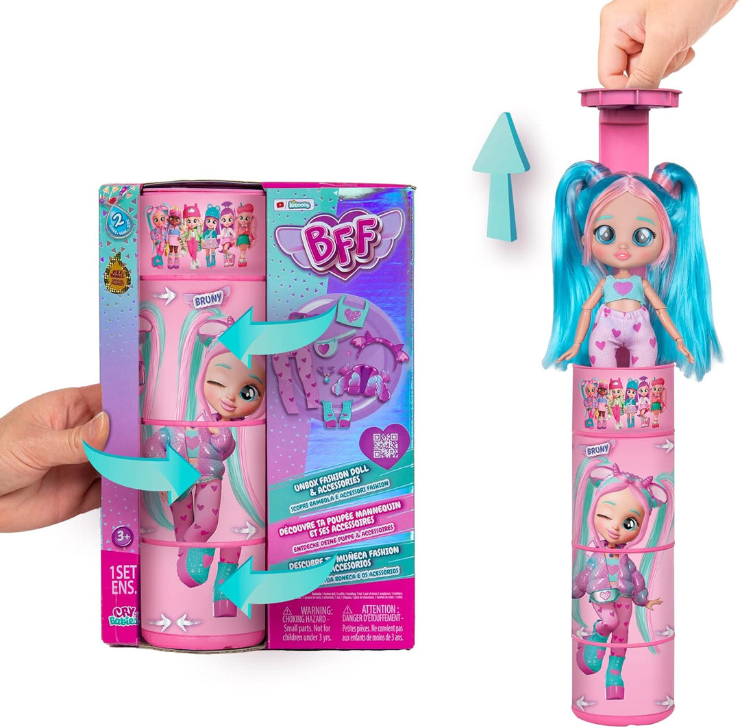 BFF Cry Babies S2 Bruny Modepuppe zum Sammeln mit Langen Haaren, Stoffkleidung und 10 Accessoires –