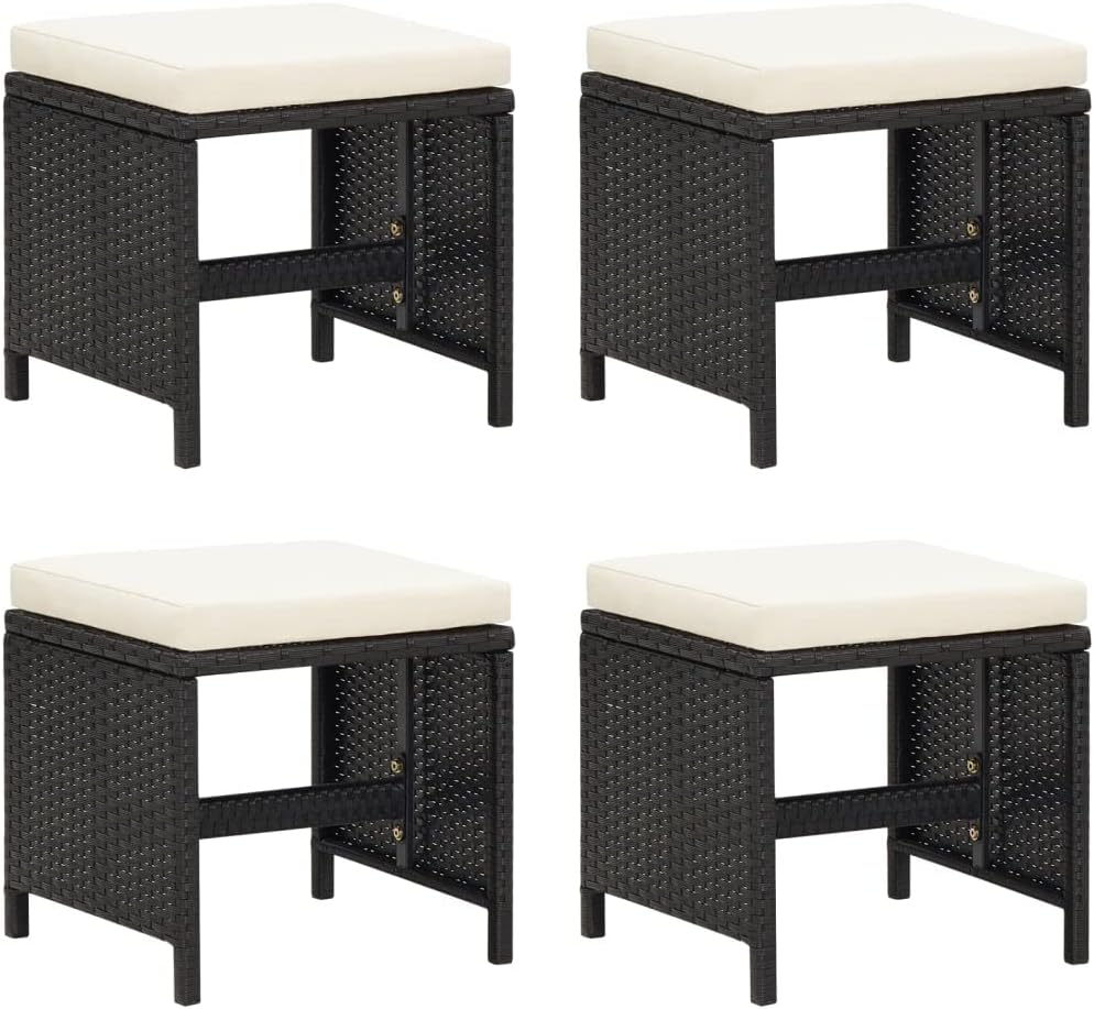 homiuse 40,5x40,5x35 cm Gartenhocker 4 STK. mit Sitzkissen Poly Rattan Schwarz Fussbank Rattan Hocke