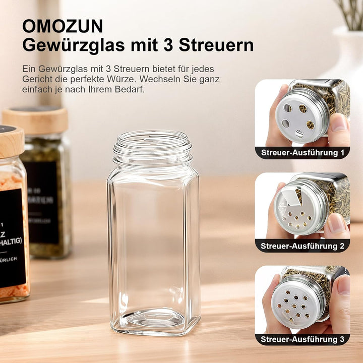 Gewürzgläser eckig mit Holzmaserung Deckel Set 24er : 120 ml Gewürzdosen Glas mit Etiketten & Streue