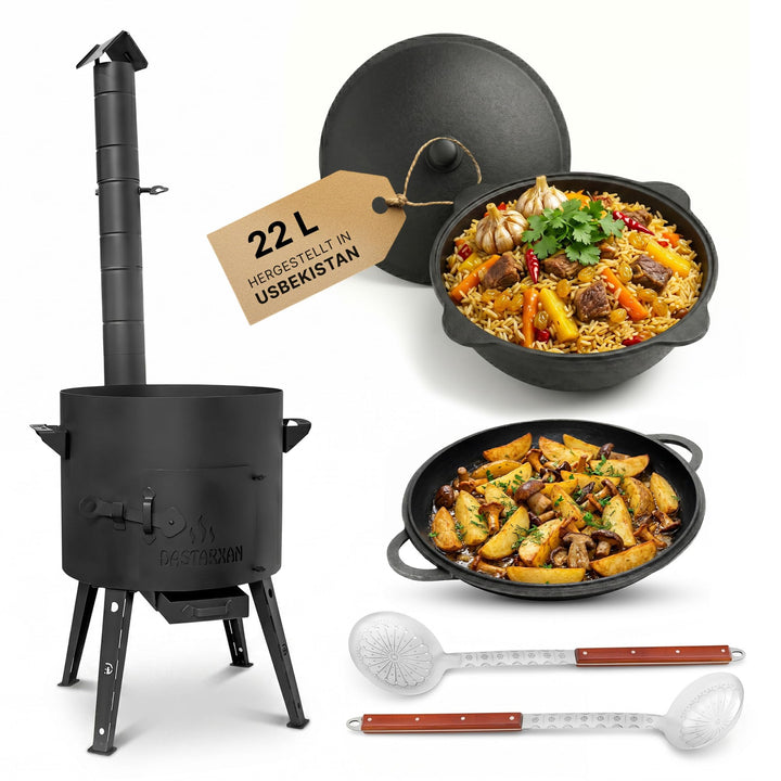 Ø49cm Uchag 2mm stahl mit Abzugsrohr Utschak Feuerstelle Utschag Campingofen 22L Kazan WOK Kasan (Ru