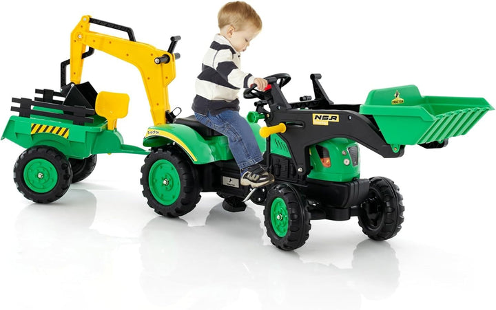 DREAMADE Trettraktor, Kindertraktor mit Anhänger & Schaufel & Frontlader, Kinderbagger Sitzbagger mi