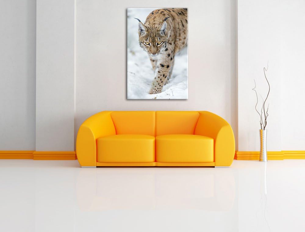 Pixxprint wachsamer Luchs im Schnee auf Leinwand, XXL riesige Bilder fertig gerahmt mit Keilrahmen,