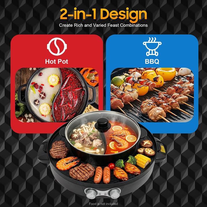 Elektrischer Hot Pot 2200W, 2 in 1 Multifunktion Elektrische Grill Hot pot mit Abnehmbar Kochplatte,