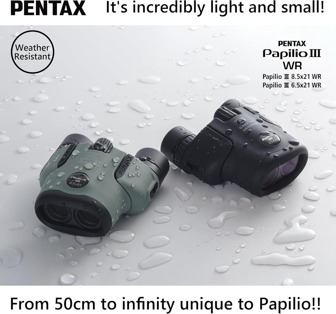 Pentax Papilio III Fernglas, 8,5 x 21, wetterfest, Schwarz, Fokus 50 cm, spritzwassergeschützt, Muse