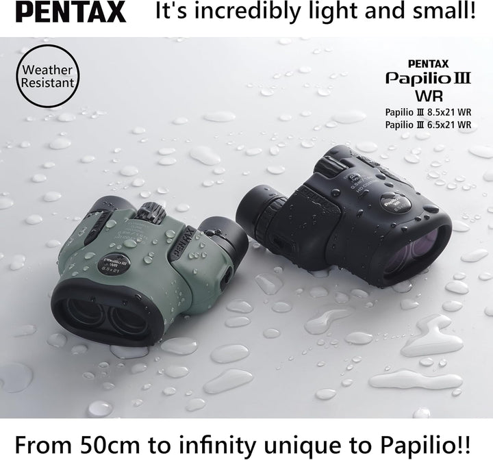 Pentax Papilio III Fernglas, 8,5 x 21, wetterfest, Schwarz, Fokus 50 cm, spritzwassergeschützt, Muse