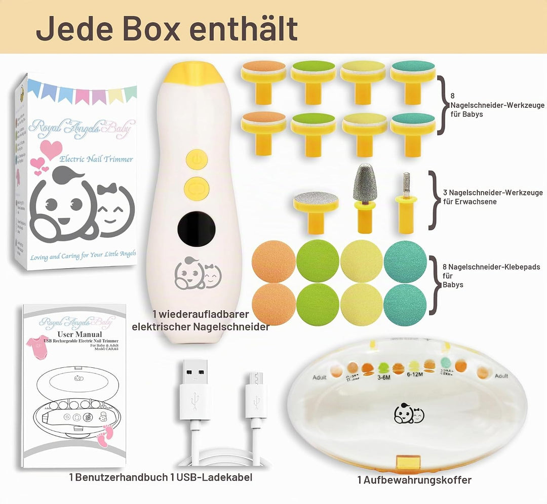 Wiederaufladbarer Baby-Nagelschneider 22 in 1, elektrische Nagelfeile, zusätzliche 13 Ersatzstücke,