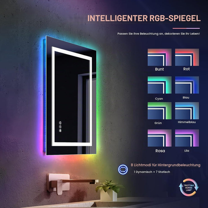 Dripex Badspiegel mit Beleuchtung Led Spiegel mit RGB LED Streifen, Farbwechsel, Touch-Schalter, Dim