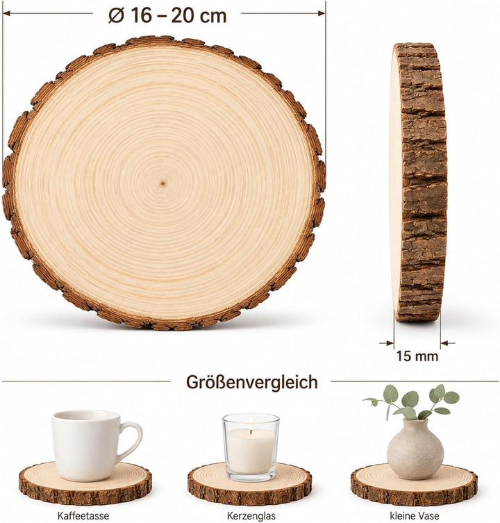 Holzscheiben 12er Set 18-20 cm Runde Baumscheiben ohne Loch – Unbehandelte Holz Log Scheiben aus Kie