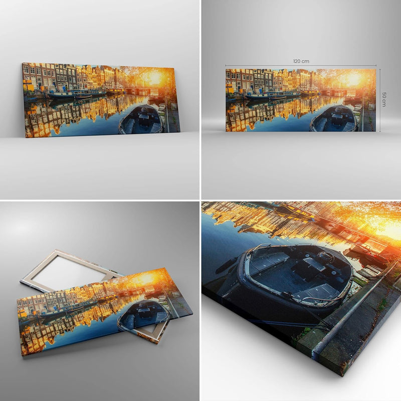 Wandbilder Dekoration Wohnzimmer Kanal Boot Amsterdam Wasser Panorama Bilder auf Leinwand 120x50cm L