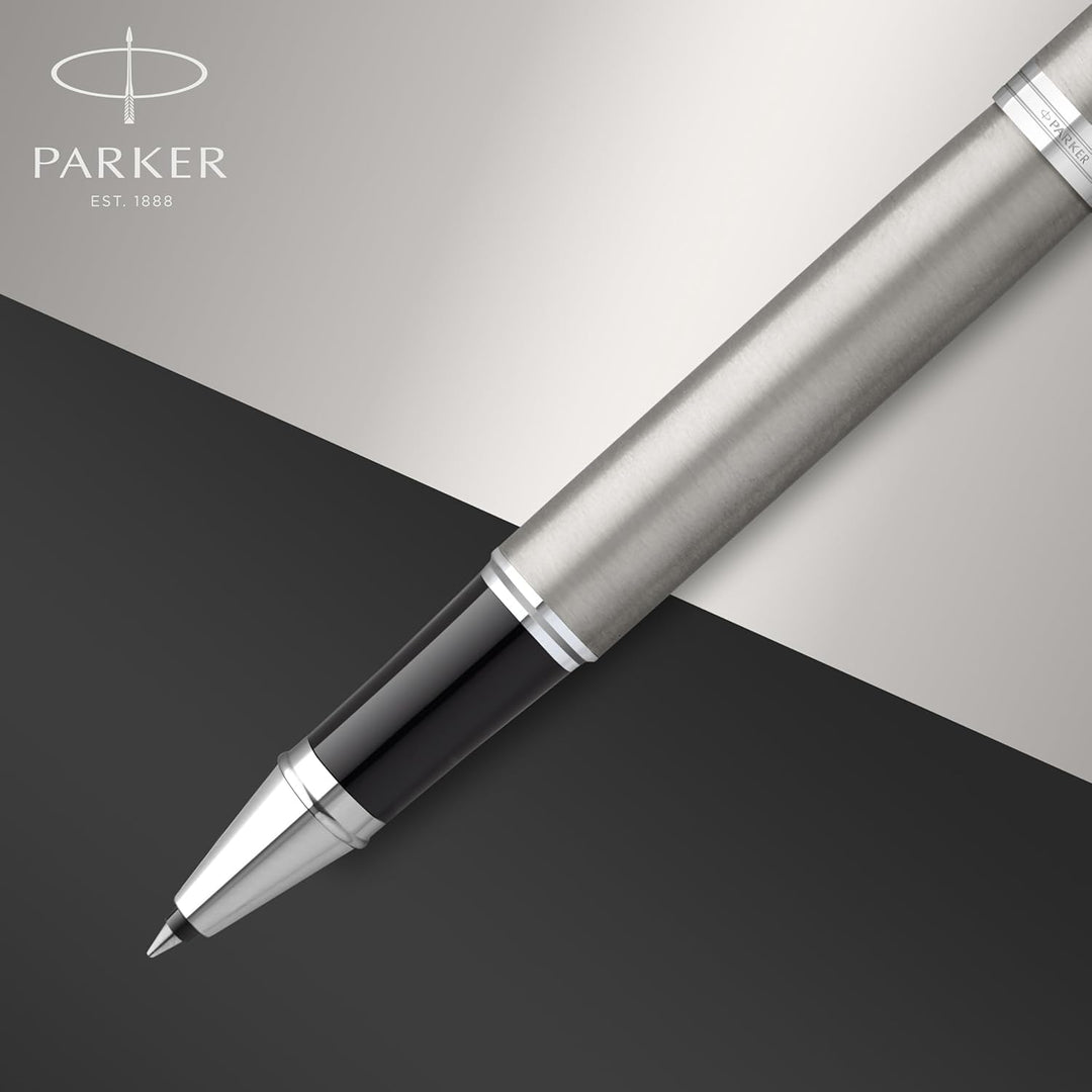 Parker IM Rollerball | Edelstahl mit Chrom-Zierteilen | feine Spitze mit schwarzer Tinte | Geschenkb
