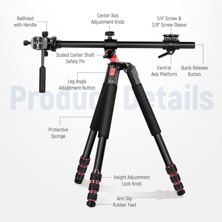 NEEWER 73,6" Horizontal Stativ Multi Winkel Mittelsäule, Kugelkopf und Mittelachse Plattform, Alumin