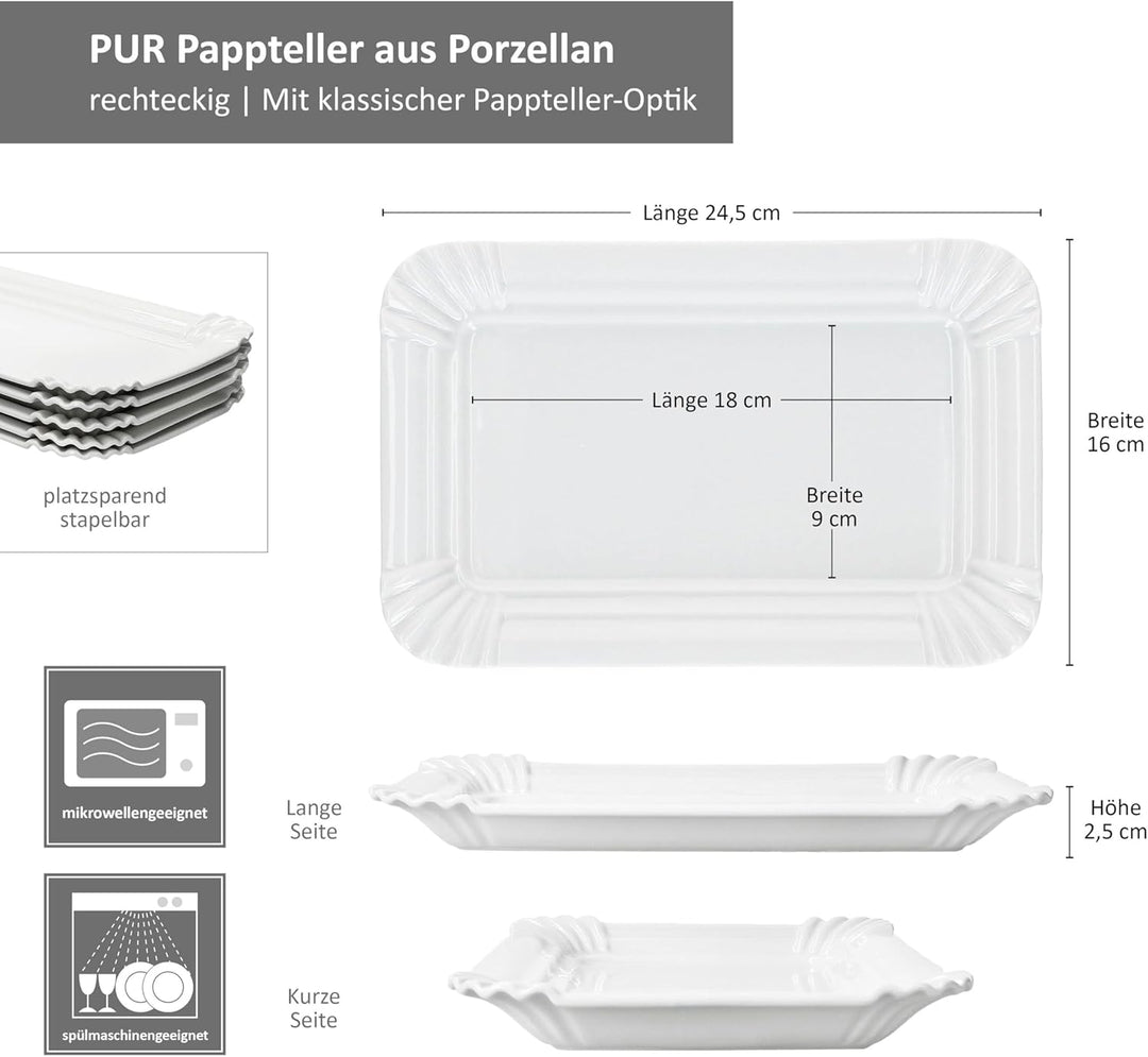 MamboCat 12er Set Pur Pappteller aus Porzellan I (LxB) 24,5x16cm I rechteckige Teller mit Papp-Optik