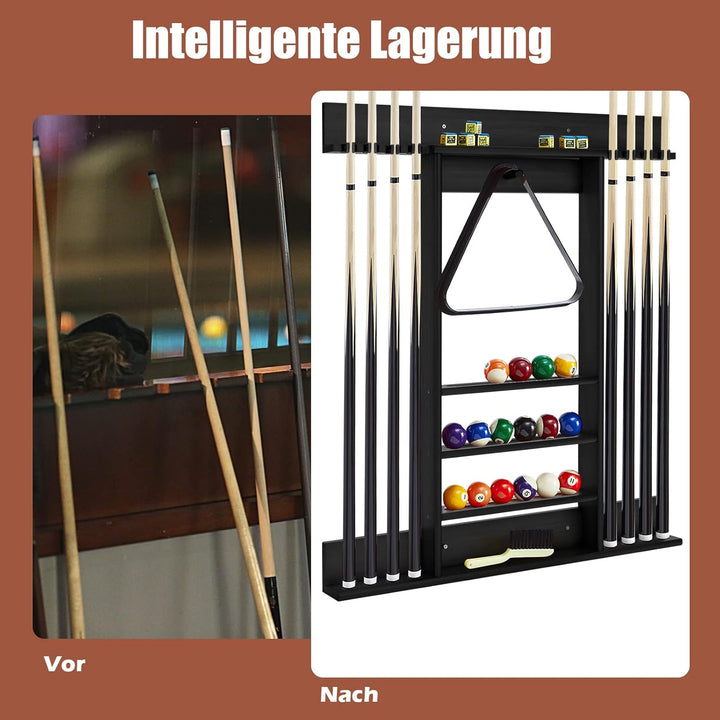 GYMAX Billard Queue Halter für 8 Queues & Billardzubehör, Wandmontierter Queueständer, Billard Queue