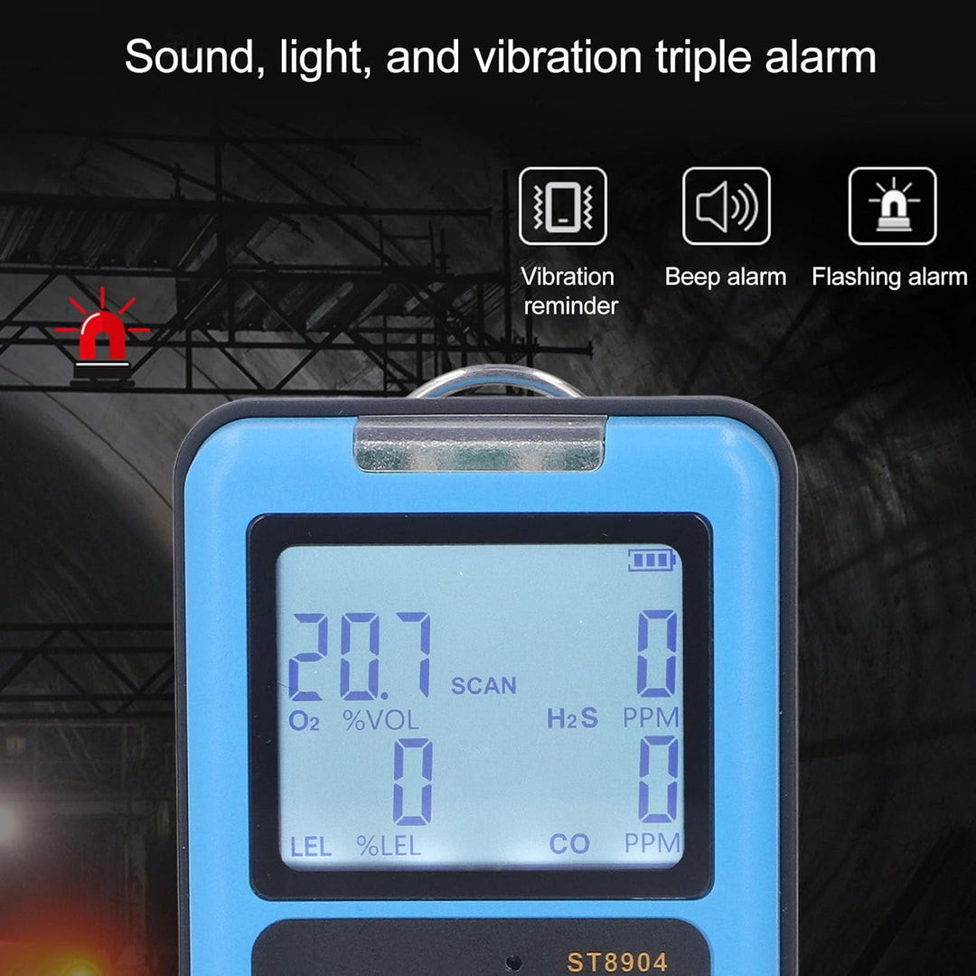 4-in-1-Gasdetektor, Multi-Gas-Monitor, CO H2S O2 LE Gasanalysator, Erdgastester, Alarm, Hintergrundb