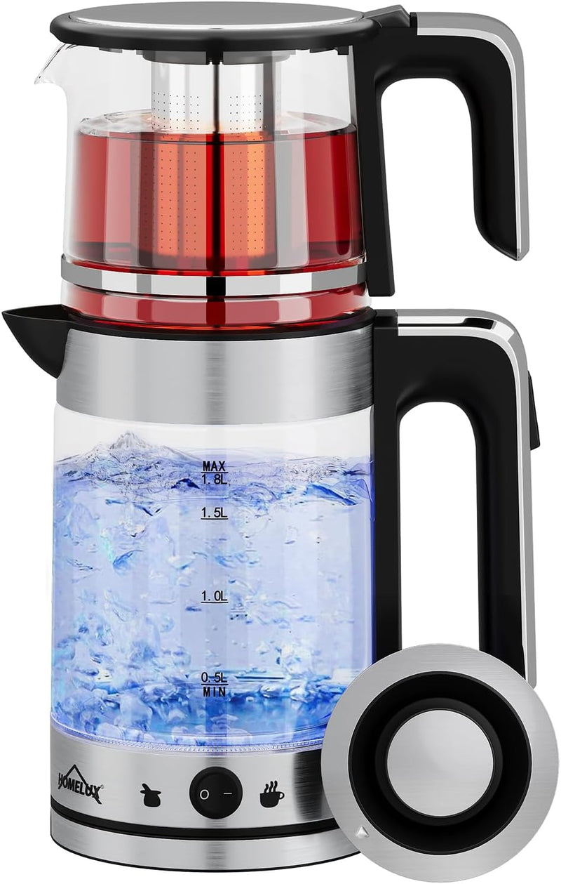 HOMELUX Glas Wasserkocher 1.8L + 1.2L Teekannen 1800W Wasserkocher mit Heizfunktion und Teetrichter,