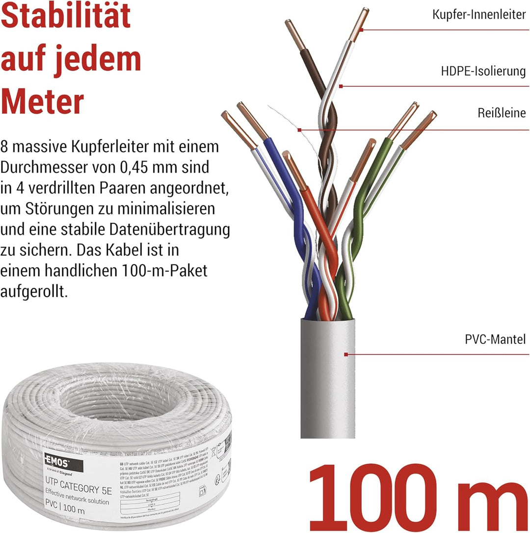 EMOS - UTP Netzwerkkabel CAT 5e, 100m, PVC - CAT5e-Patchkabel UTP - Cu-Draht- Gigabit LAN Kabel - un