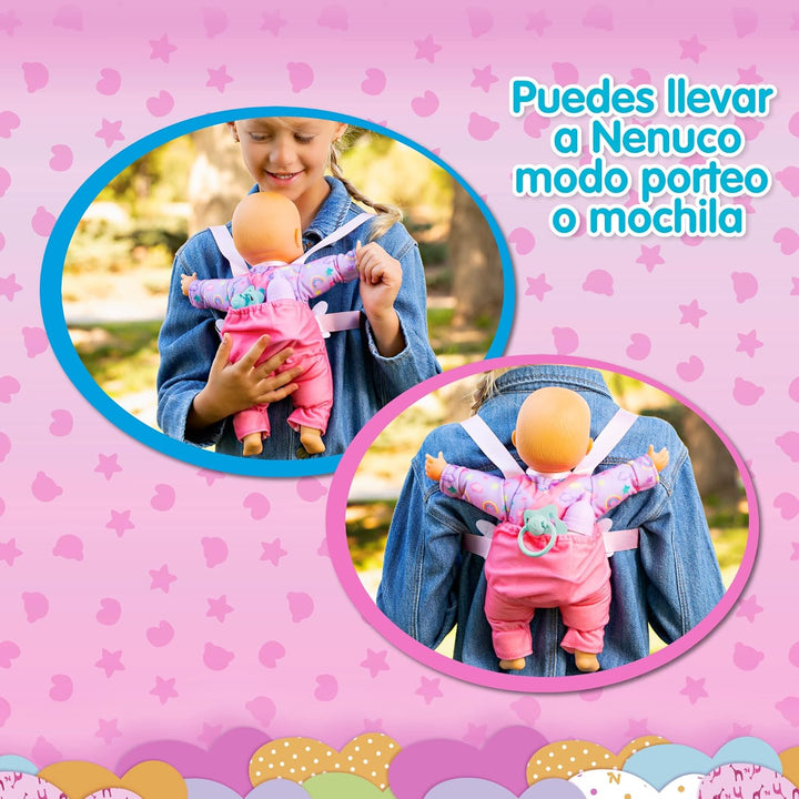 Nenuco - Spazieren gehen, Babypuppe 35 cm mit weichem Körper, Zubehör und Babytrage, um sie überall