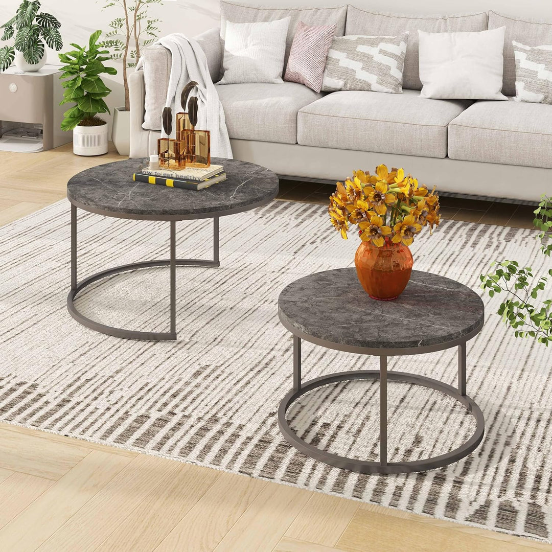 hitsuki Couchtisch Rund 2er Set, Marmor Couchtisch Grau Metallgestell Wohnzimmertisch Grau, Beistell