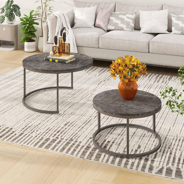 hitsuki Couchtisch Rund 2er Set, Marmor Couchtisch Grau Metallgestell Wohnzimmertisch Grau, Beistell