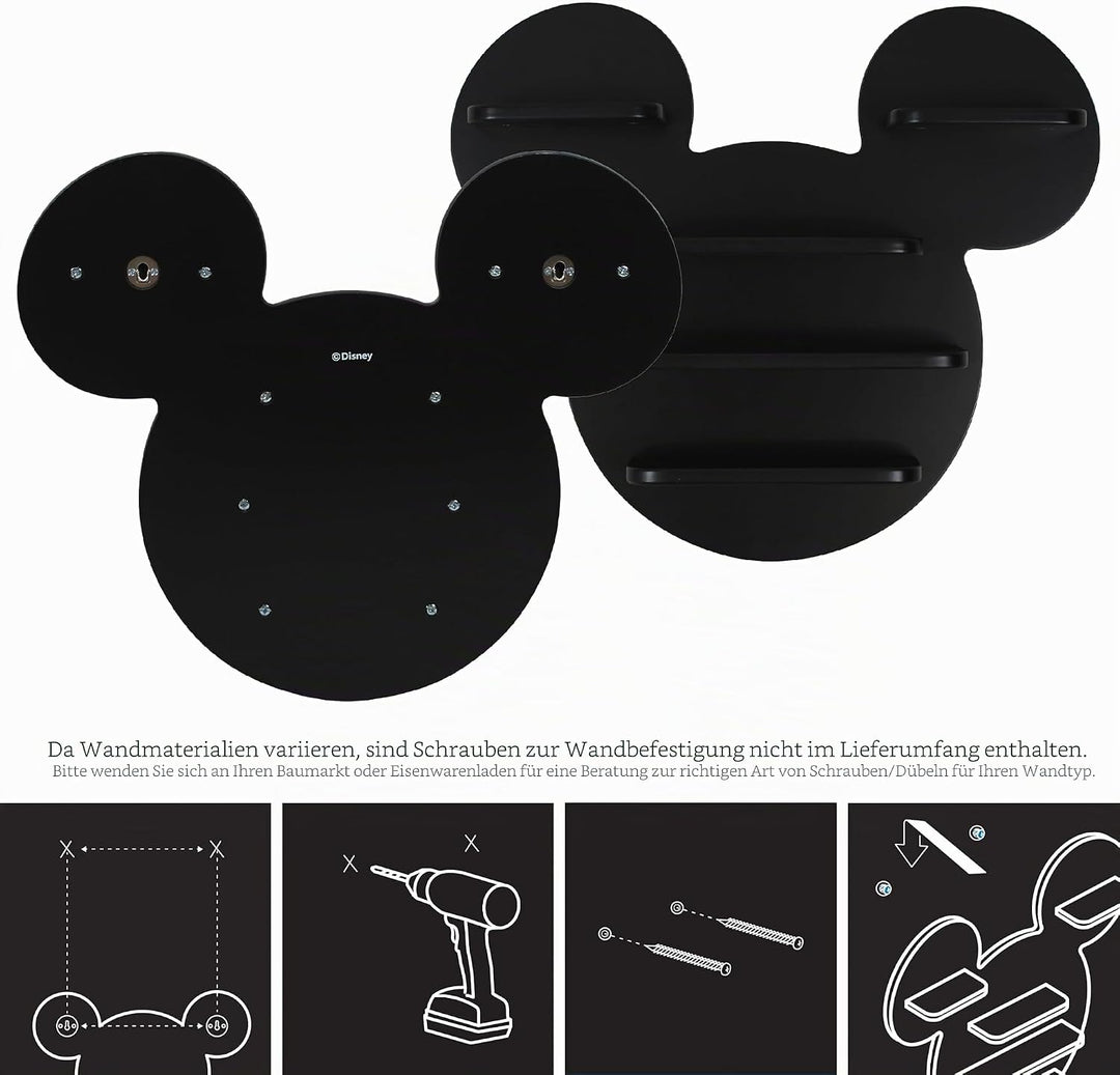Disney Mickey Wall Shelf, 5 Storage Shelves, Black Finish, 50cmW X 8cmD X 43cmH Mickey Mouse Schwarz