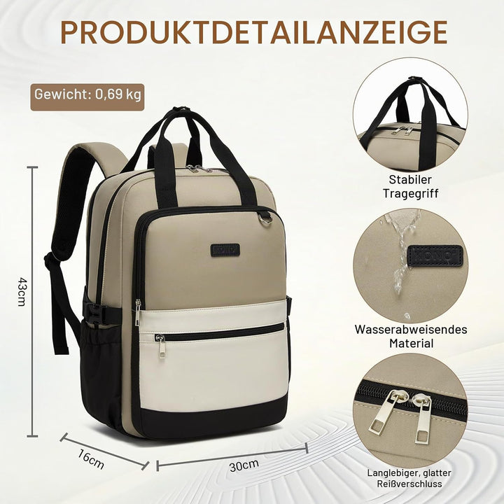 KONO Rucksack Damen 15,6 Zoll Laptop Rucksack Damen, Schulrucksack Elegant, Business Daypack mit vie