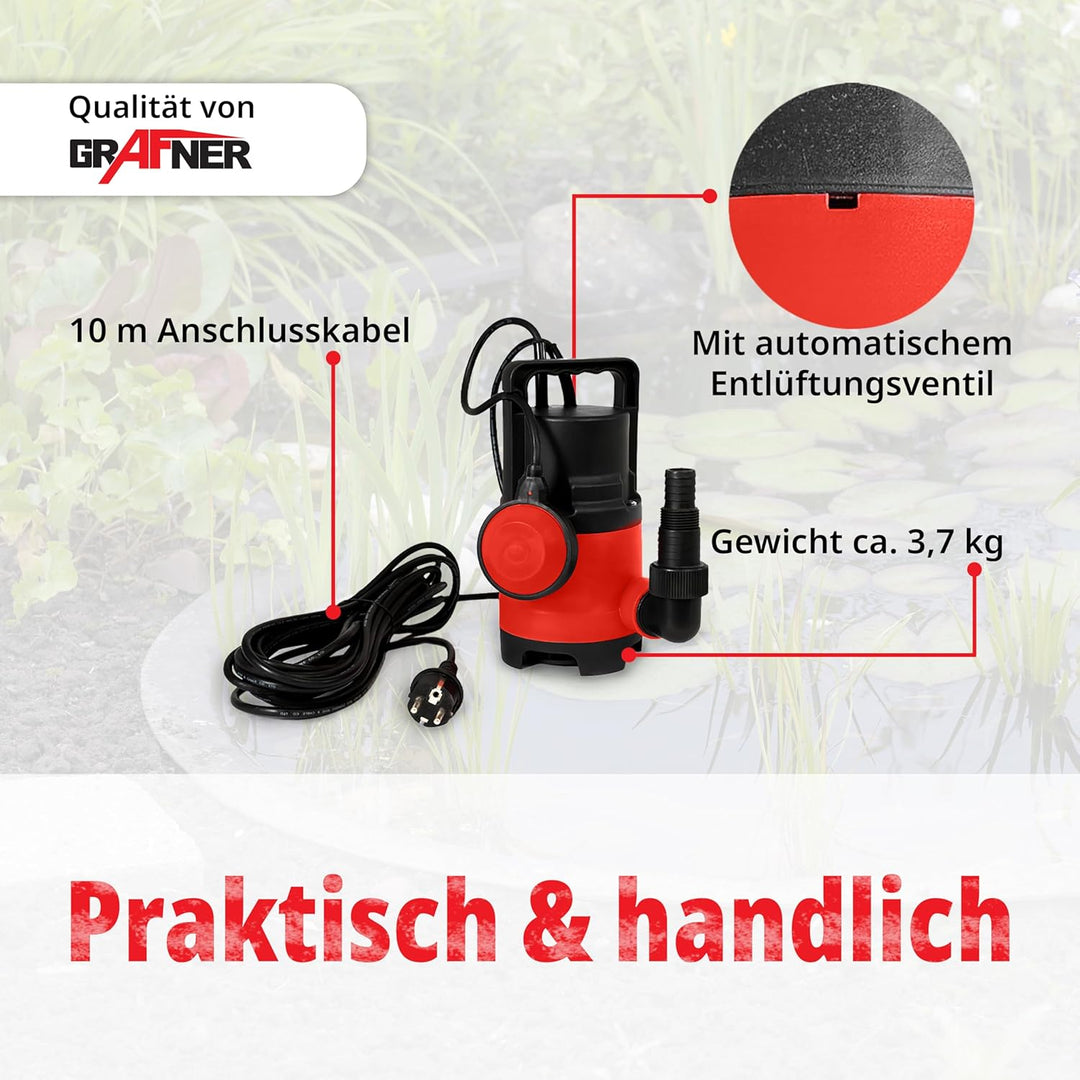 Grafner Schmutzwasserpumpe 400 Watt bis 8000 l/h Förderleistung, Ø25mm Fremdkörper, Schwimmschalter,