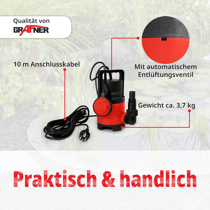 Grafner Schmutzwasserpumpe 400 Watt bis 8000 l/h Förderleistung, Ø25mm Fremdkörper, Schwimmschalter,