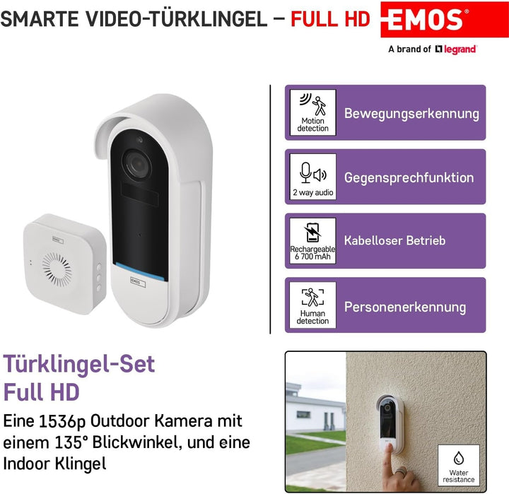 EMOS GoSmart Video-Türklingel IP-15S DC mit WiFi und App, kabellose Smart Home Videoklingel mit 1080