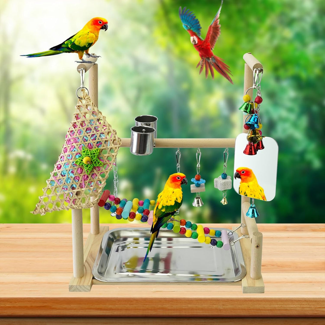 Papageien Spielplatz mit Spiegel Naturholz Vogel Ständer Papageien Spielständer mit Edelstahl Futter
