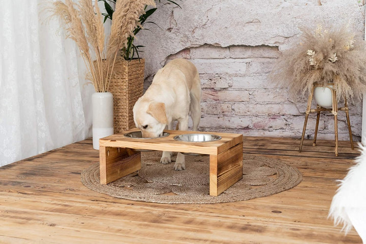 Woodworms Hunde-napf-Set mit Edelstahlnäpfen, Handgemachte Echtholz Hundebar, Futterbar für kleine,