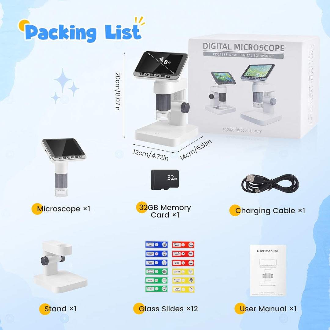 Digitales Mikroskop für Kinder 5-1000x, 4.5 Zoll IPS Bildschirm 1080P, Tragbares Handmikroskop mit 3