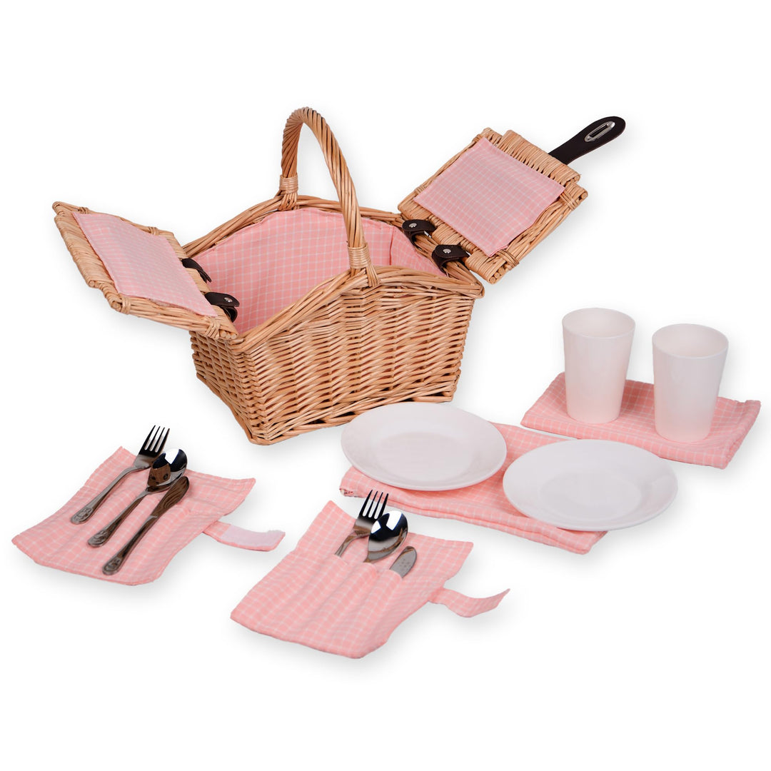 UNUS® Picknickkorb für Kinder rechteckig aus Weide mit Stoffauskleidung, Komplettset für 2 Personen