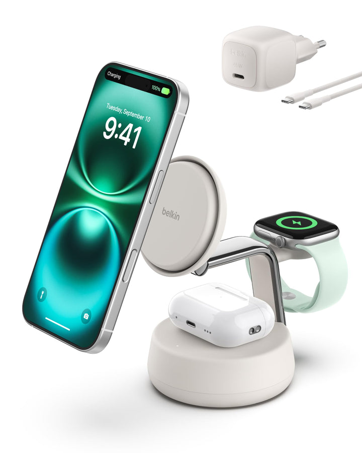 Belkin UltraCharge Pro Qi2.2 Induktive Ladestation, 25W, 3 in 1 Ladegerät MagSafe Kompatibel, Wirele