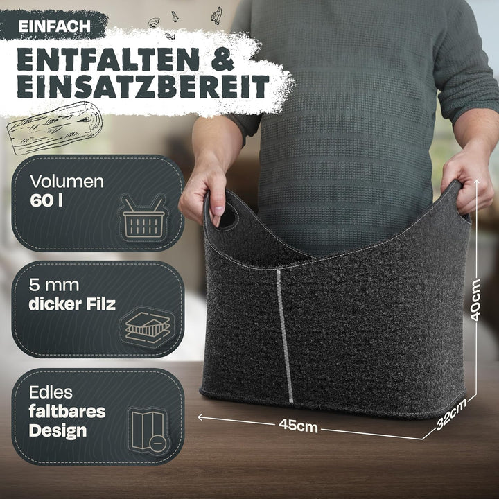 Xcelenze - XXL Kaminholzkorb Filzkorb extra dicker Filz & verstärkte Griffe | Holzkorb Filztasche fa